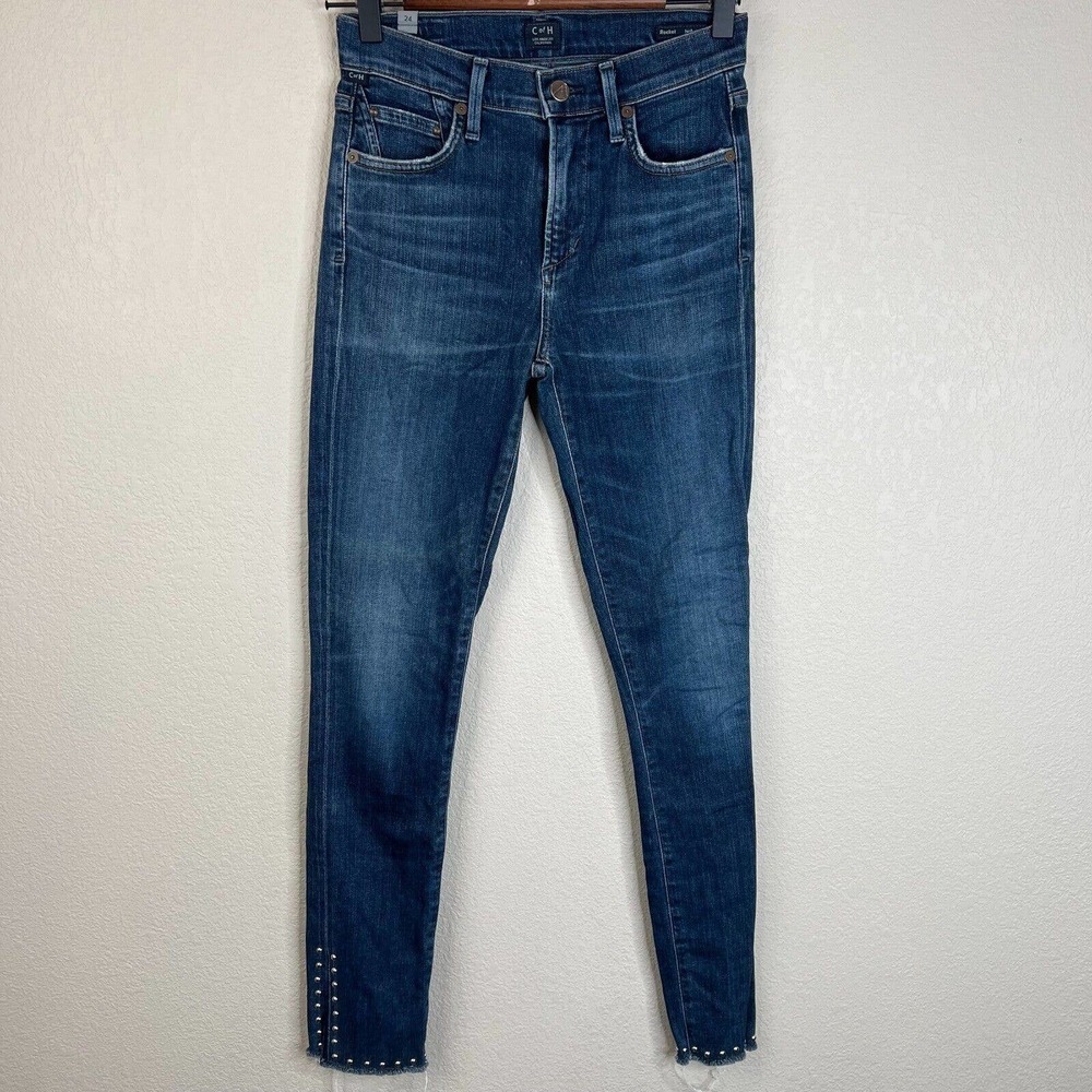 Citizens Of Humanity Womens Skinny Studded Hem Jeans 24 Mid Rise Blue Denim